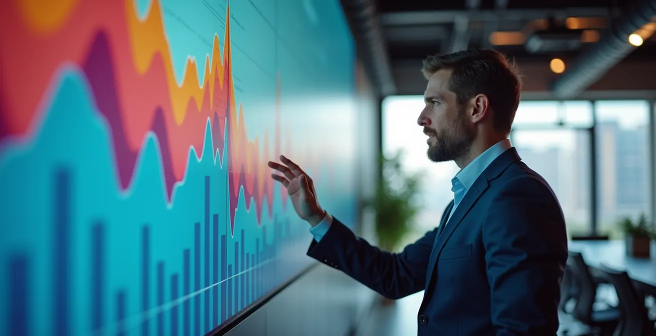 Professional meeting room with executives reviewing growth charts on wall displays