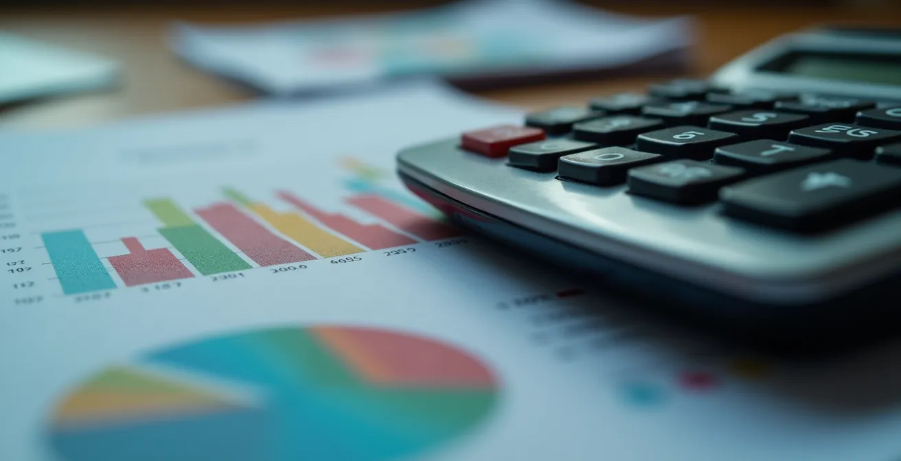 Close-up of calculator and financial documents with abstract charts