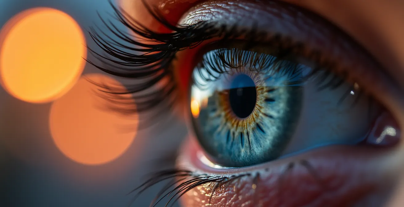 Close-up of human eye with abstract visual patterns showing peripheral attention zones