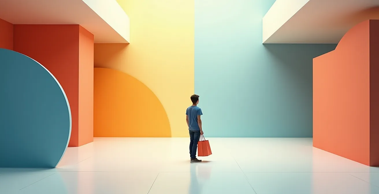 Wide shot of retail environment showing customer at decision point with abstract geometric patterns
