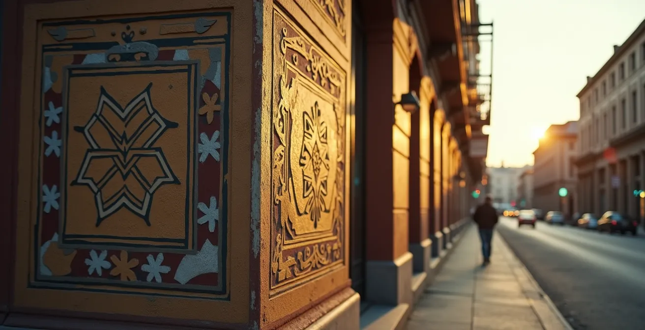 Corner building at golden hour showing architectural permanence with abstract patterns
